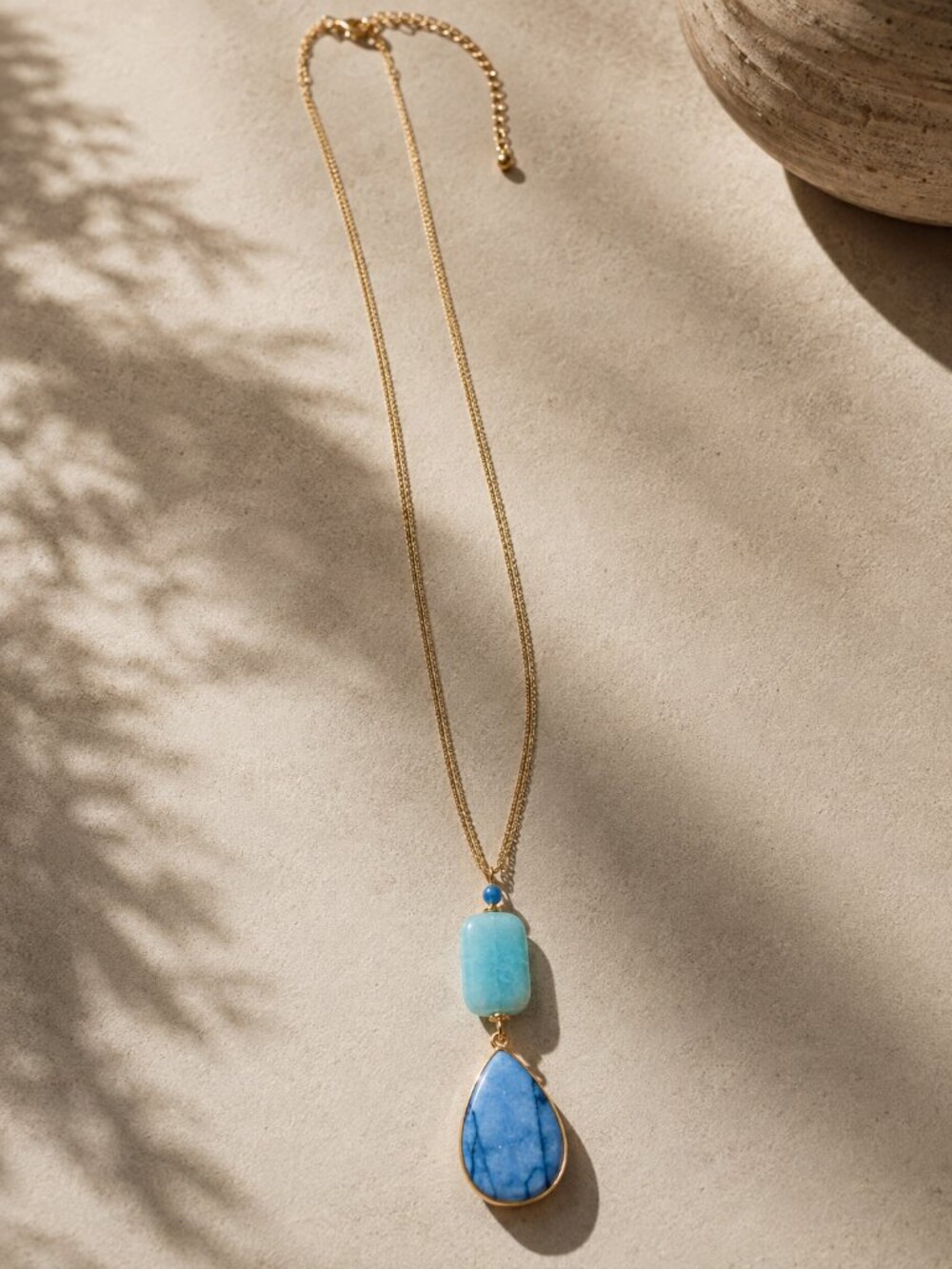 Vintage Blue Stone Teardrop Pendant Gold Tone Long Boho Necklace